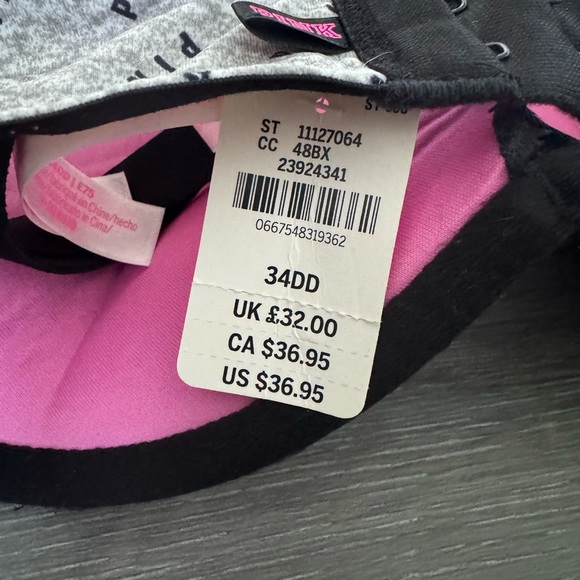 PINK VICTORIA SECRET BRAND NEW BLACK, WHITE, AND GREY PUSH UP BRA SIZE 34DD - Picture 4 of 4